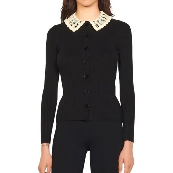 Sandro Joie Wool Blend Crochet Collar Stretch Ribbed Black Cardigan